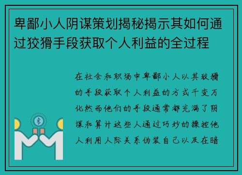 卑鄙小人阴谋策划揭秘揭示其如何通过狡猾手段获取个人利益的全过程 卑鄙小人阴谋策划揭秘揭示其如何通过狡猾手段获取个人利益的全过程